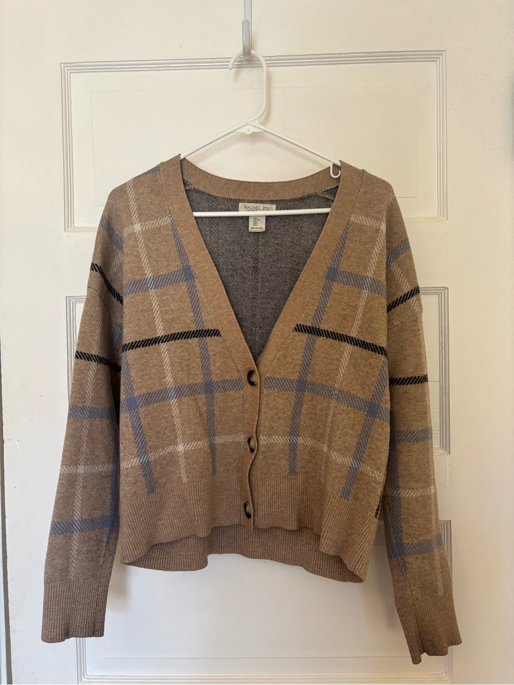 Rachel Zoe Tan Plaid V-Neck Button Front Cardigan